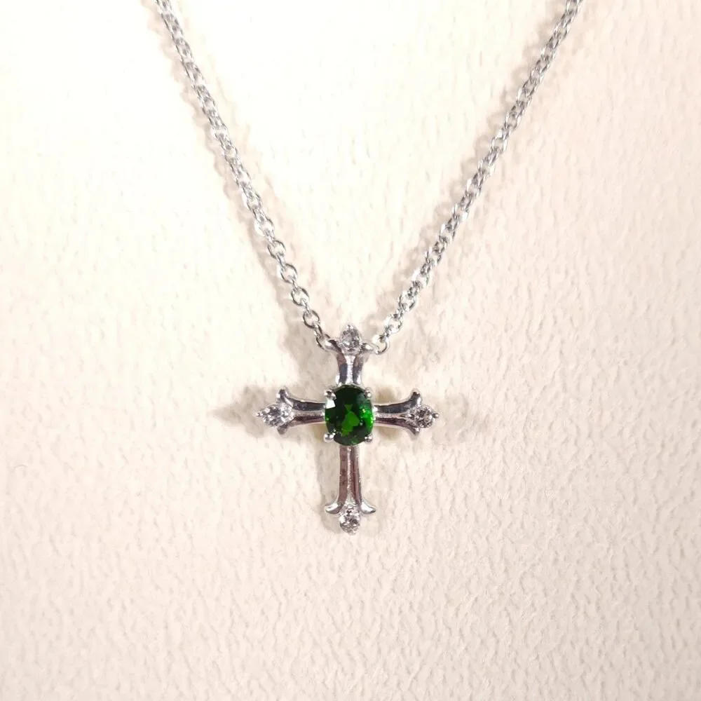 Chrome Diopside Cross Pendant and Stainless Steel Chain